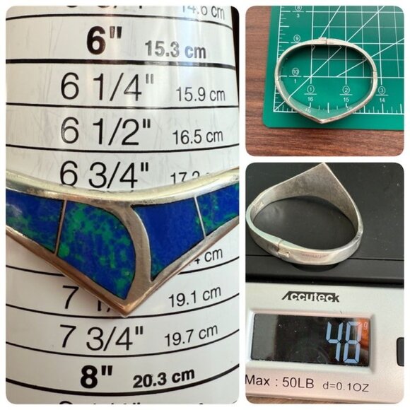 Vintage Mexican Sterling Silver Hinged Clamper Bracelet Azurite & Lapis Inlay 92 - Picture 10 of 12